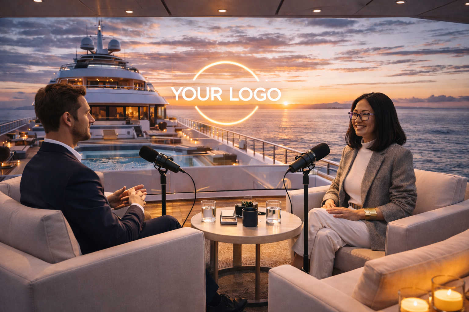 Your podcast can live inside a fully customized world designed around your brand, from the environment style to how your logo is built into the set. With Synthetic Reality, every episode becomes a signature visual space that’s impossible to create consistently with traditional production.