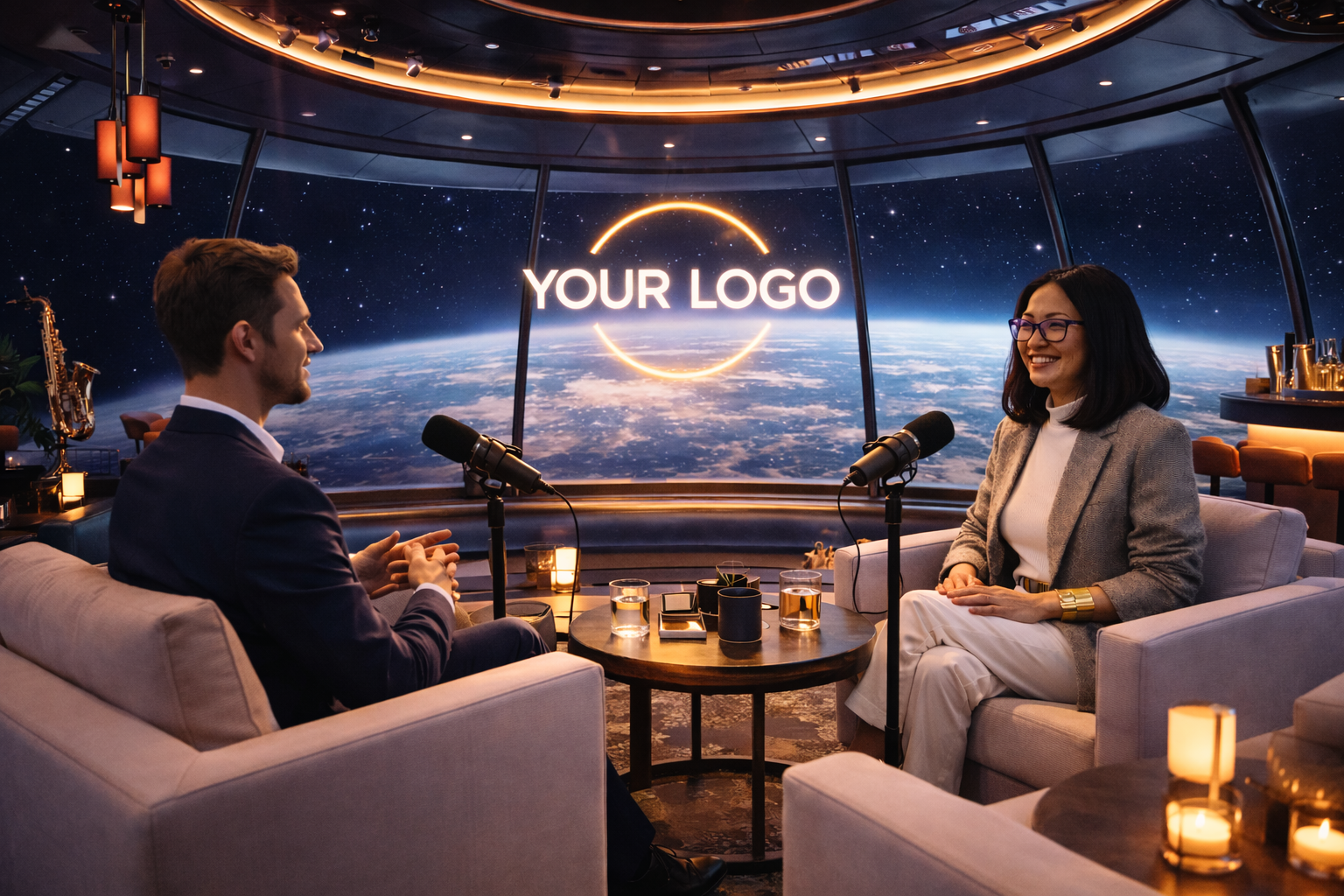 Your podcast can live inside a fully customized world designed around your brand, from the environment style to how your logo is built into the set. With Synthetic Reality, every episode becomes a signature visual space that’s impossible to create consistently with traditional production.