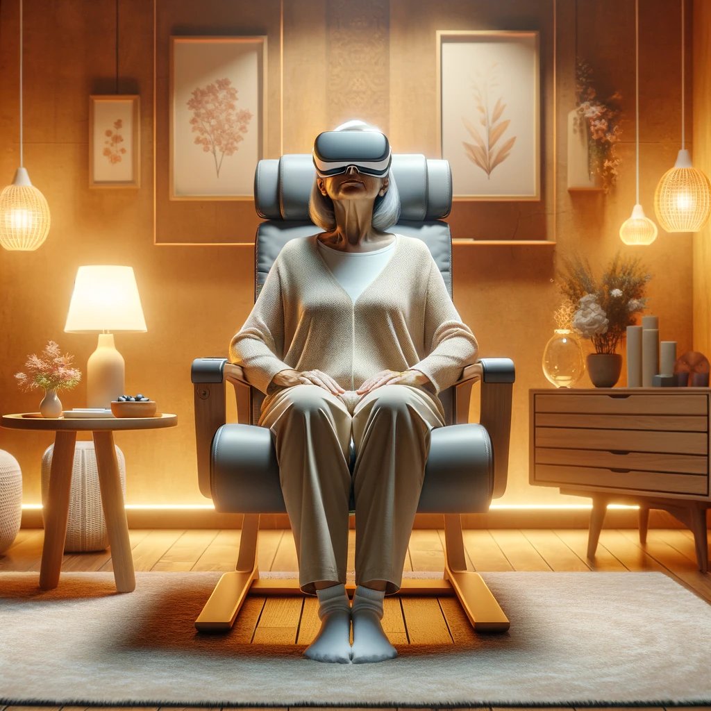 Woman sitting in chair wearing a VR headset in a cozy room