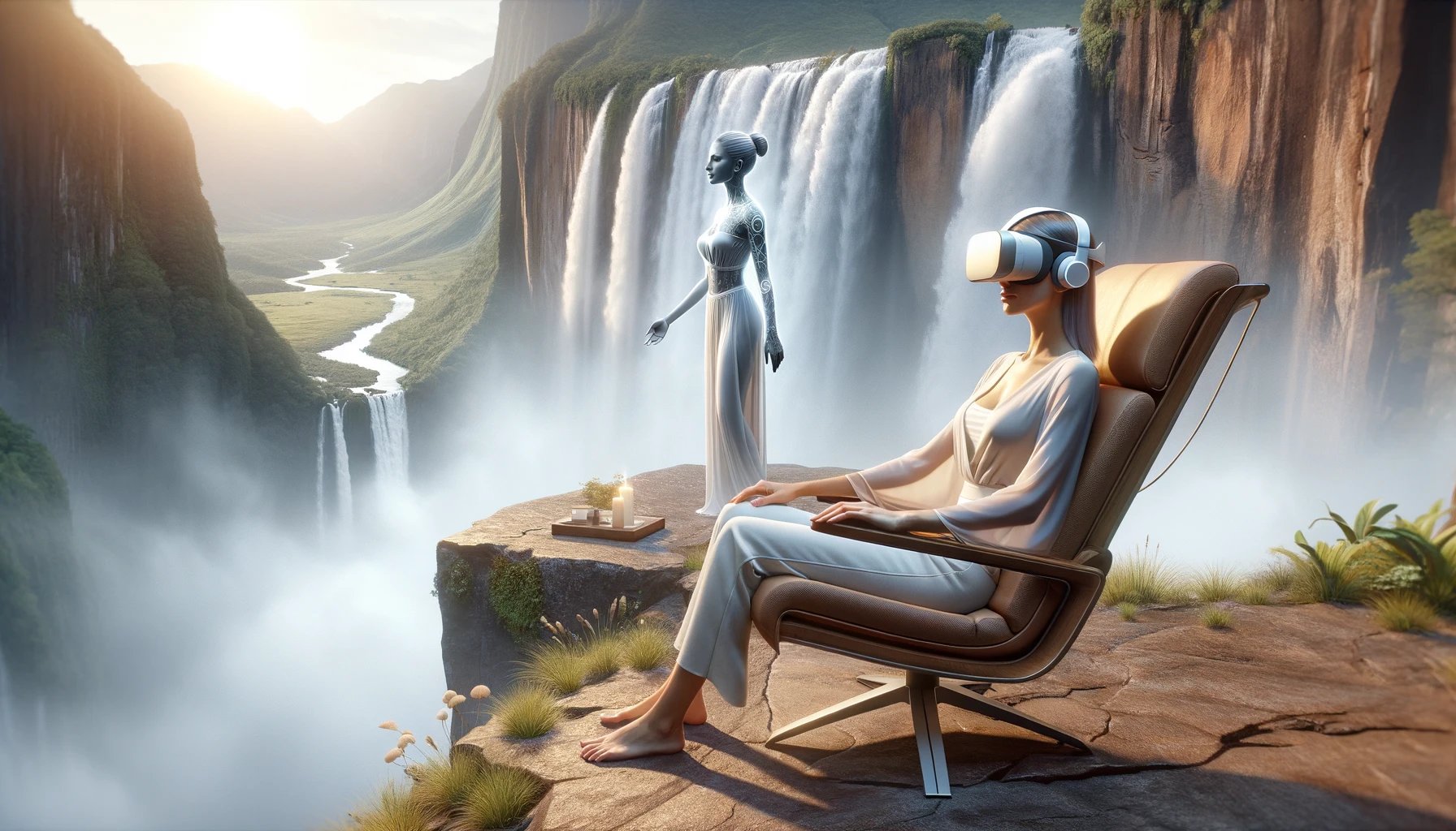 woman sitting in chair wearing a VR headset next to a waterfall