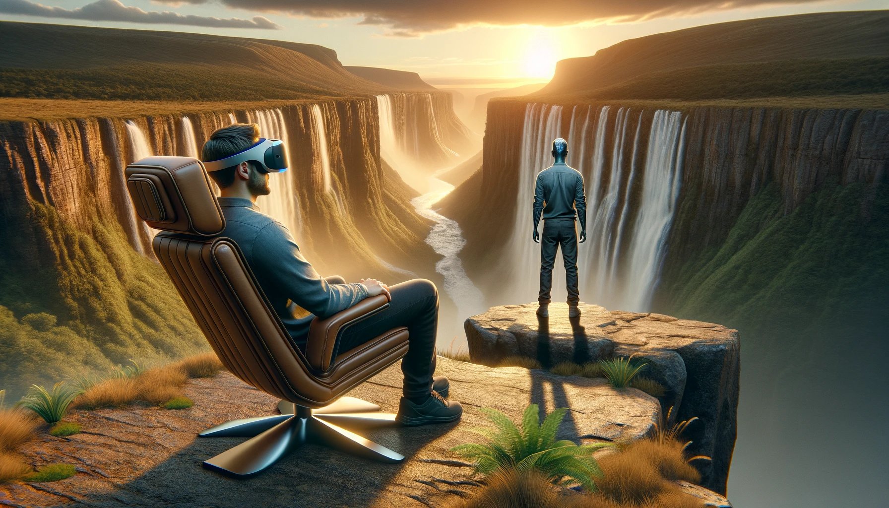 DALL·E 2024-03-02 12.44.52 - Create a hyper-realistic image of a male therapist sitting comfortably in a high-end relaxation chair perched on the edge of a cliff with a spectacula