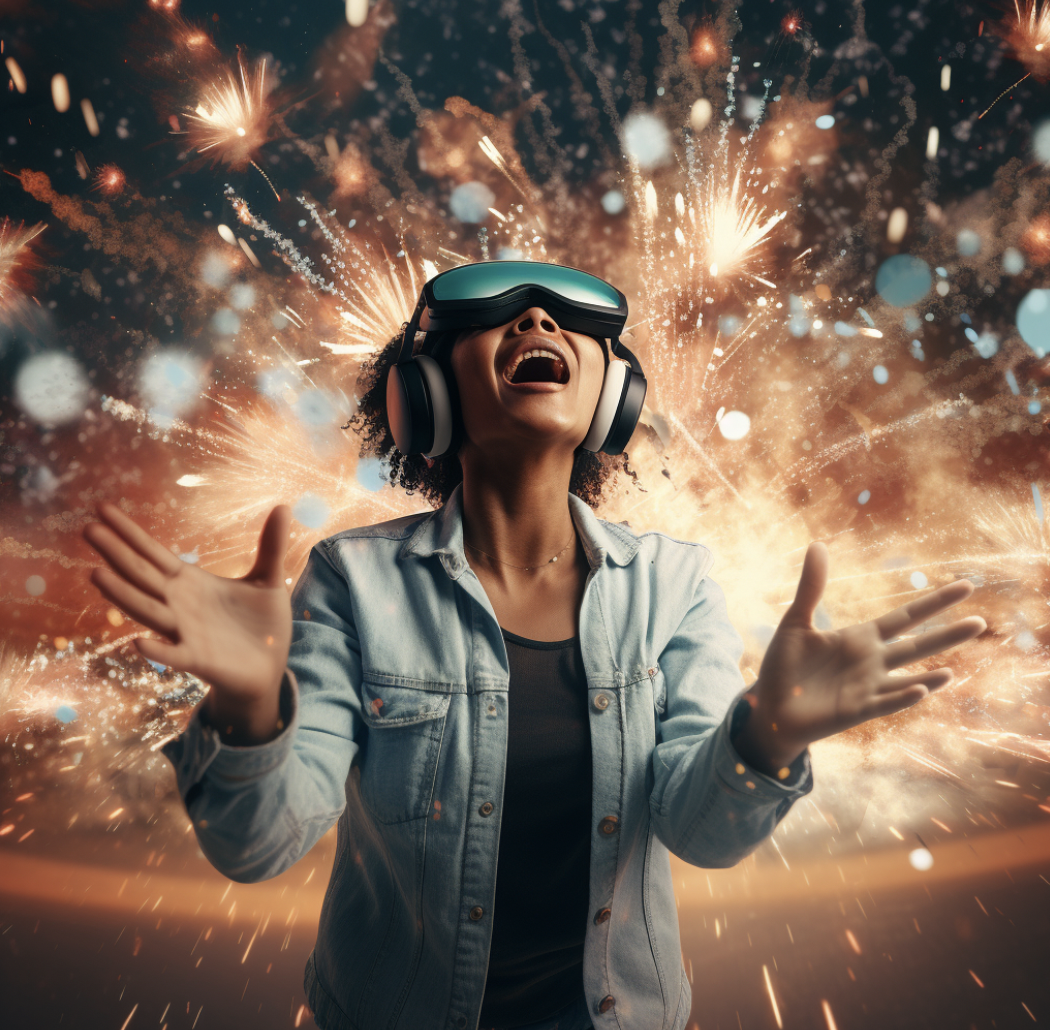 Excited woman using VR headset with fireworks background