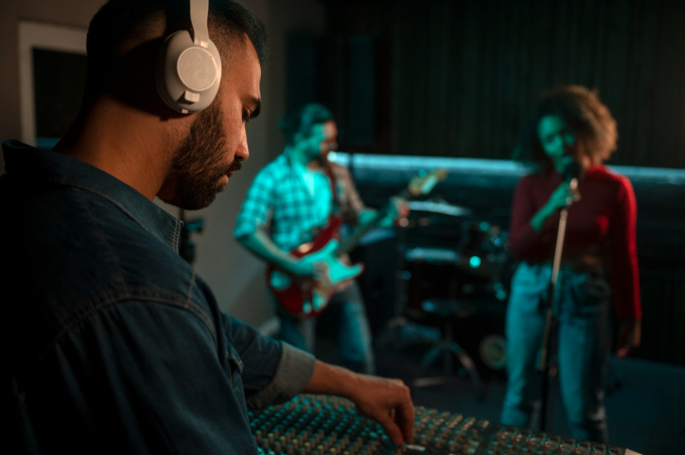 Musicians working in studio