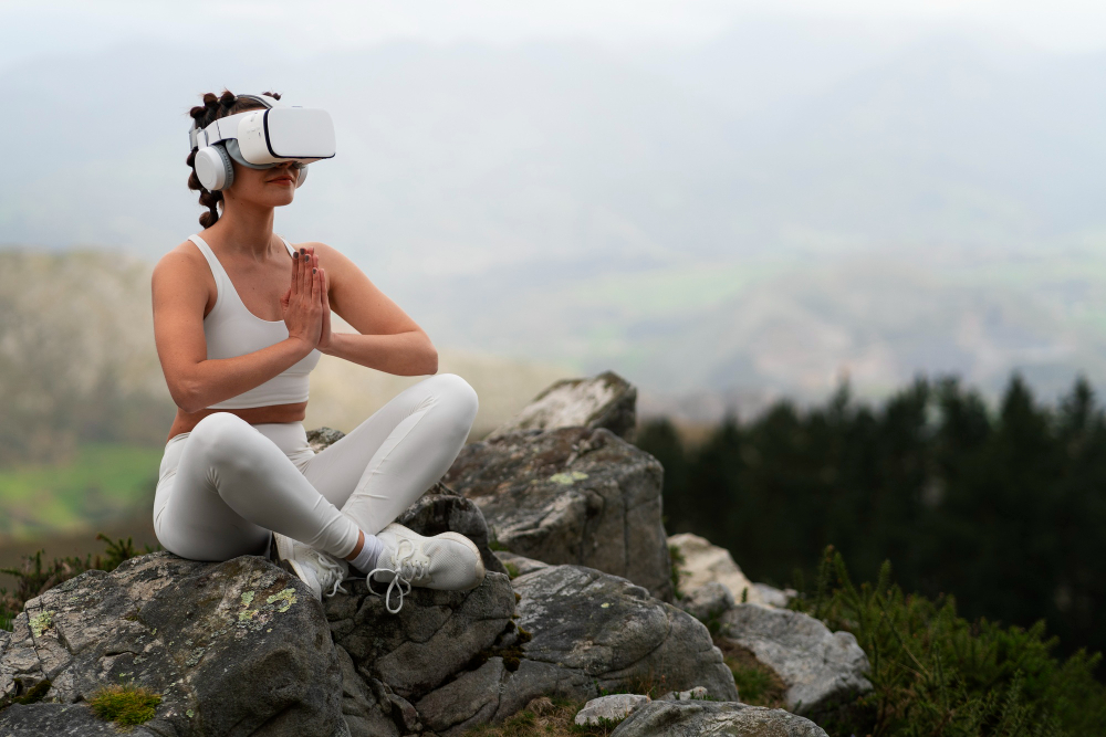 woman exercising outdoors in nature with vr glasses