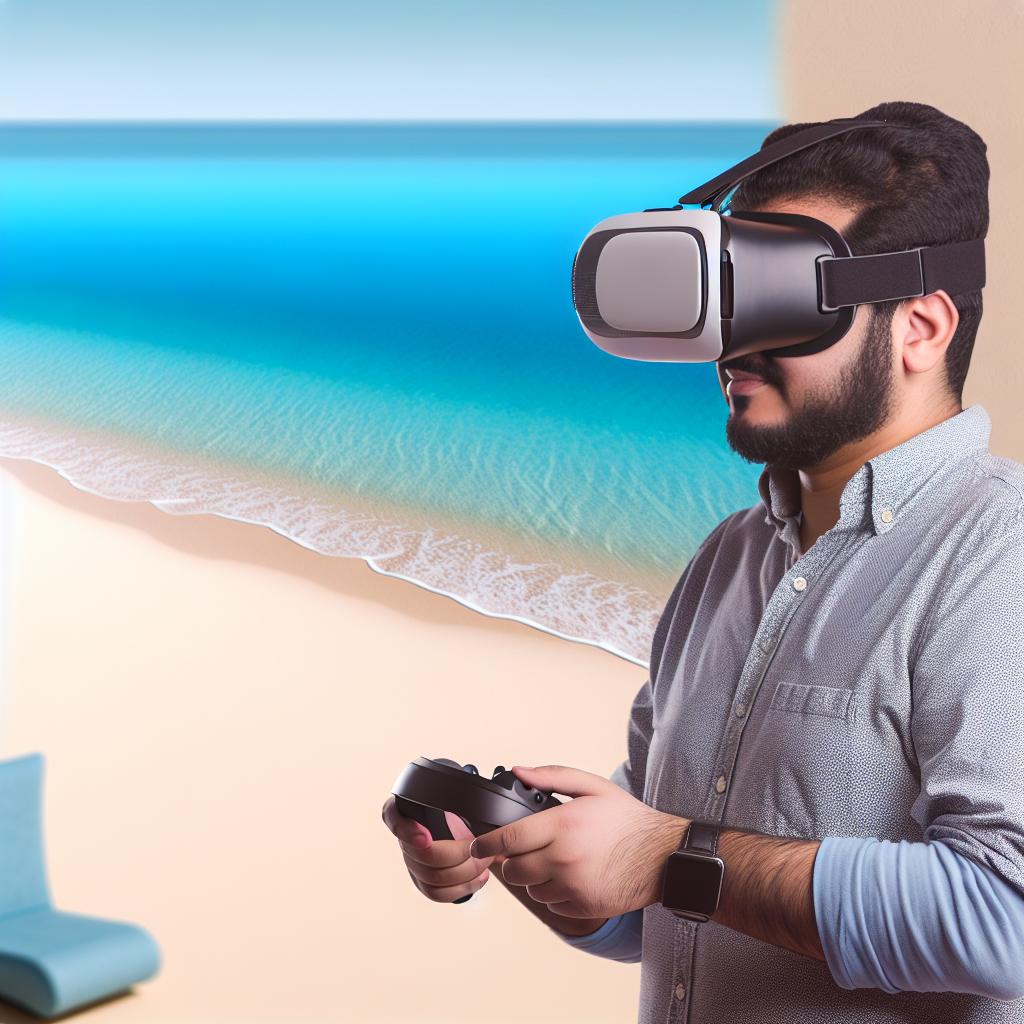 Man using VR to immerse in a beach scene