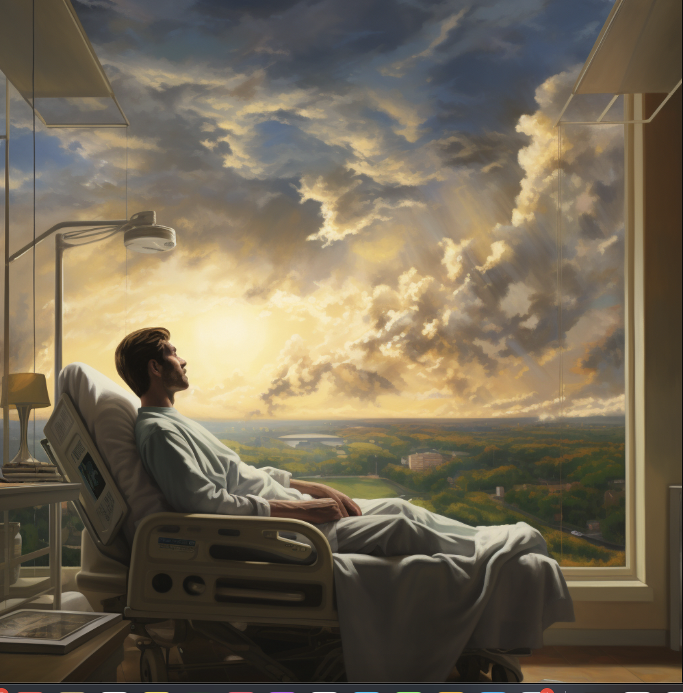 Man sitting in hospital bed looking at a beautiful sky scene