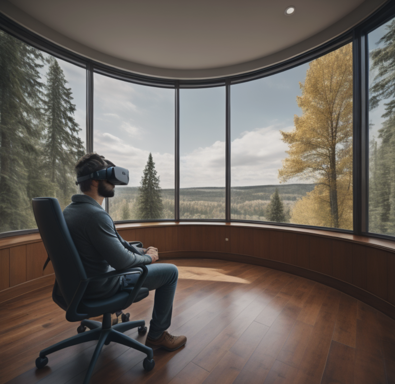 Man sitting in a chair with a VR headset on, in front of a large window with trees outside