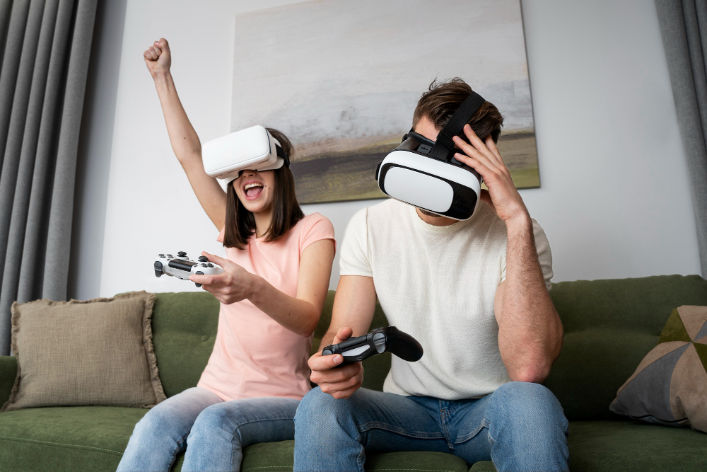 Couple enjoying playing video game